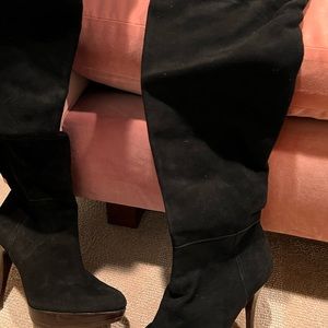 Stuart weitzman suede blackthigh high boots.  platform and stiletto heel.
